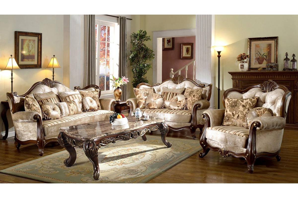 2 Pcs Set Sofa & Loveseat French Beige Chenille Cherry Carved Wood