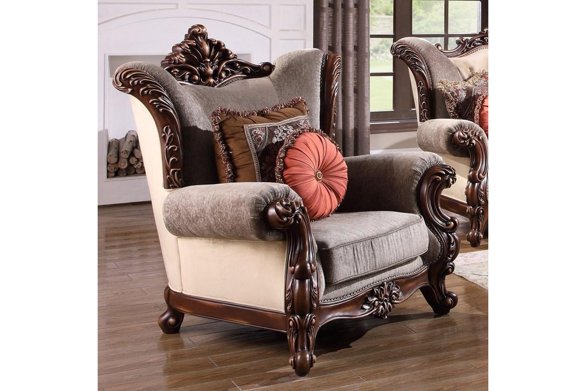 Mandeville Gold Brown Chenille Carved Wood Chair