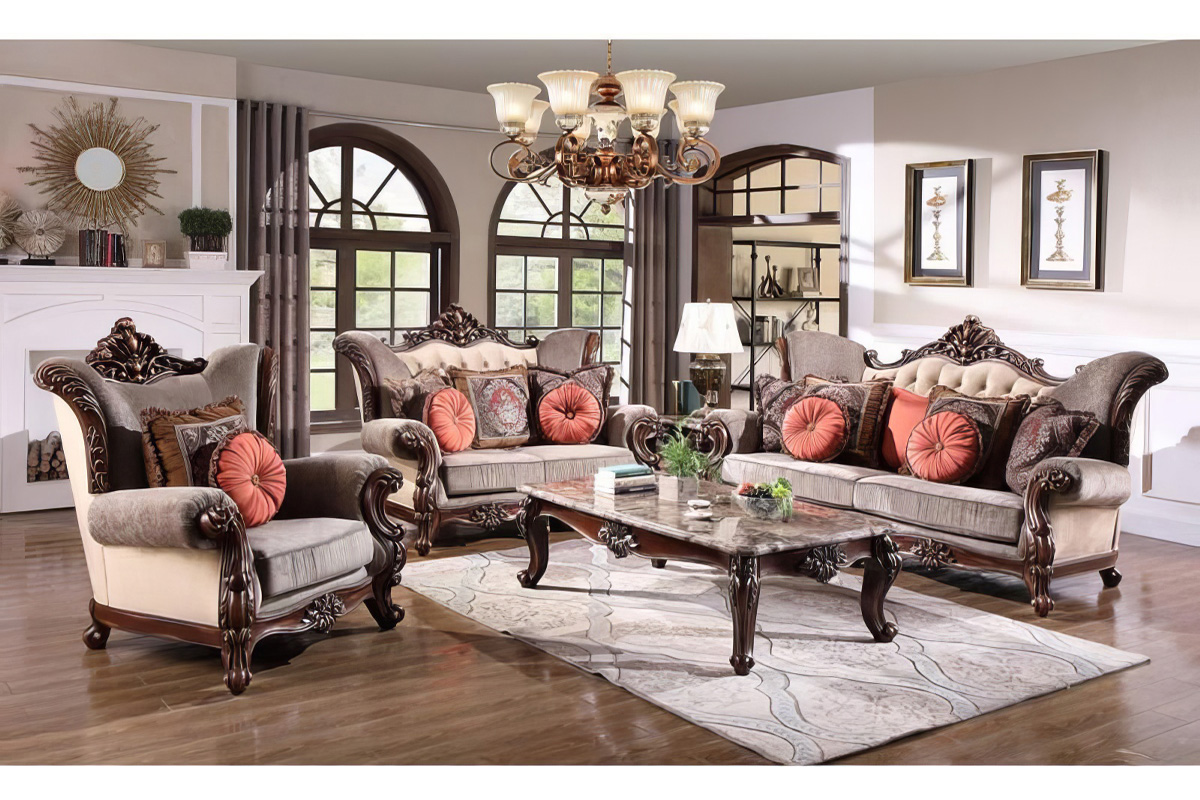 2 Pcs Set Sofa & Loveseat Mandeville Gold Brown Chenille