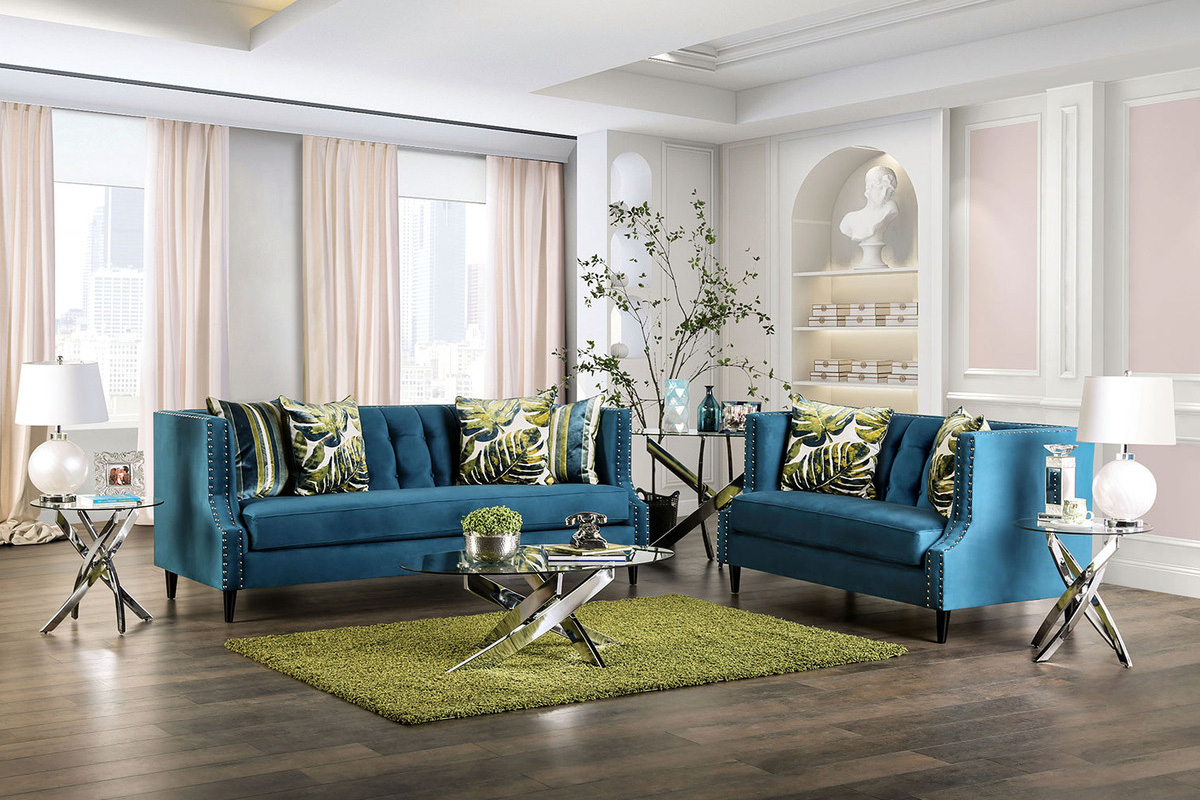 2 Pcs Set Sofa & Loveseat Azuletti Transitional Dark Teal & Apple Green