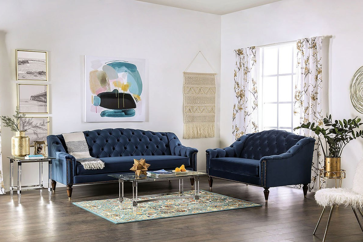 2 Pcs Set Sofa & Loveseat Martinique Transitional Blue Velvet-like Fabric