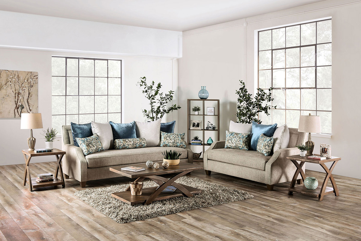 2 Pcs Set Sofa & Loveseat Catarina Transitional Beige & Teal Chenille