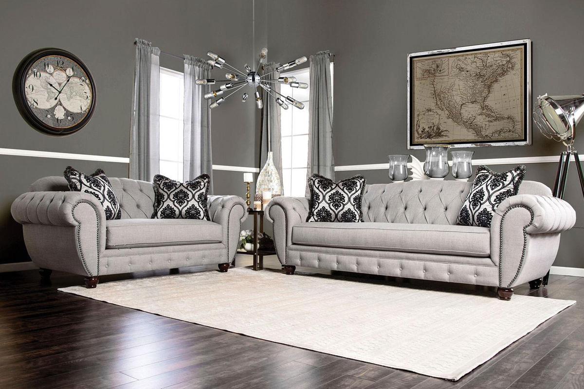 2 Pcs Set Sofa & Loveseat Viviana Glam Grey