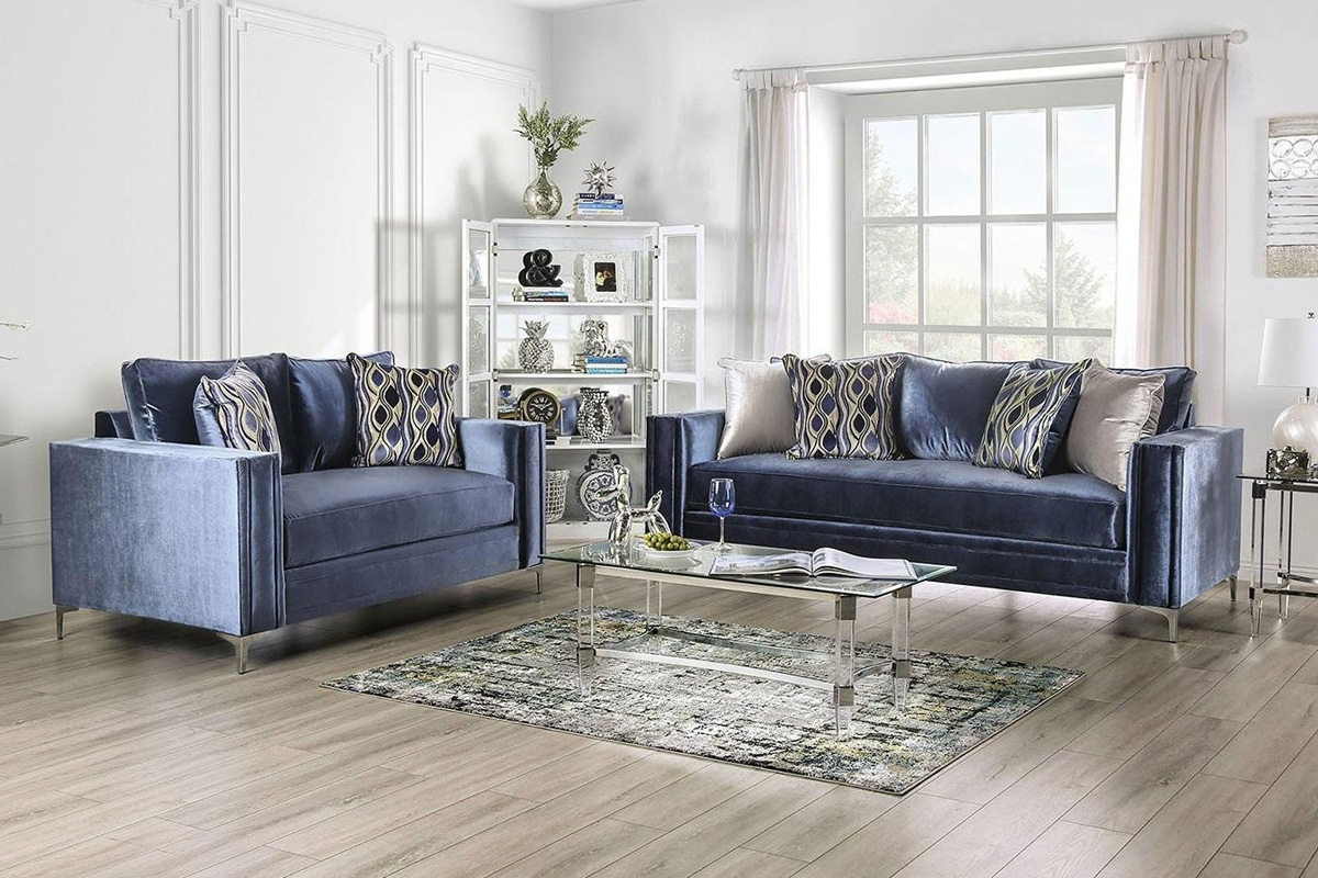 2 Pcs Set Sofa & Loveseat Jodie Contemporary Satin Blue & Silver