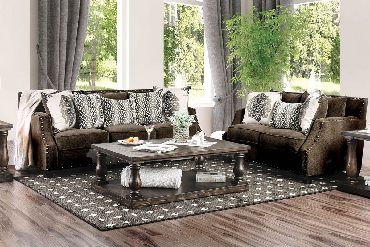 2 Pcs Set Sofa & Loveseat Cornelia Transitional Dark Brown