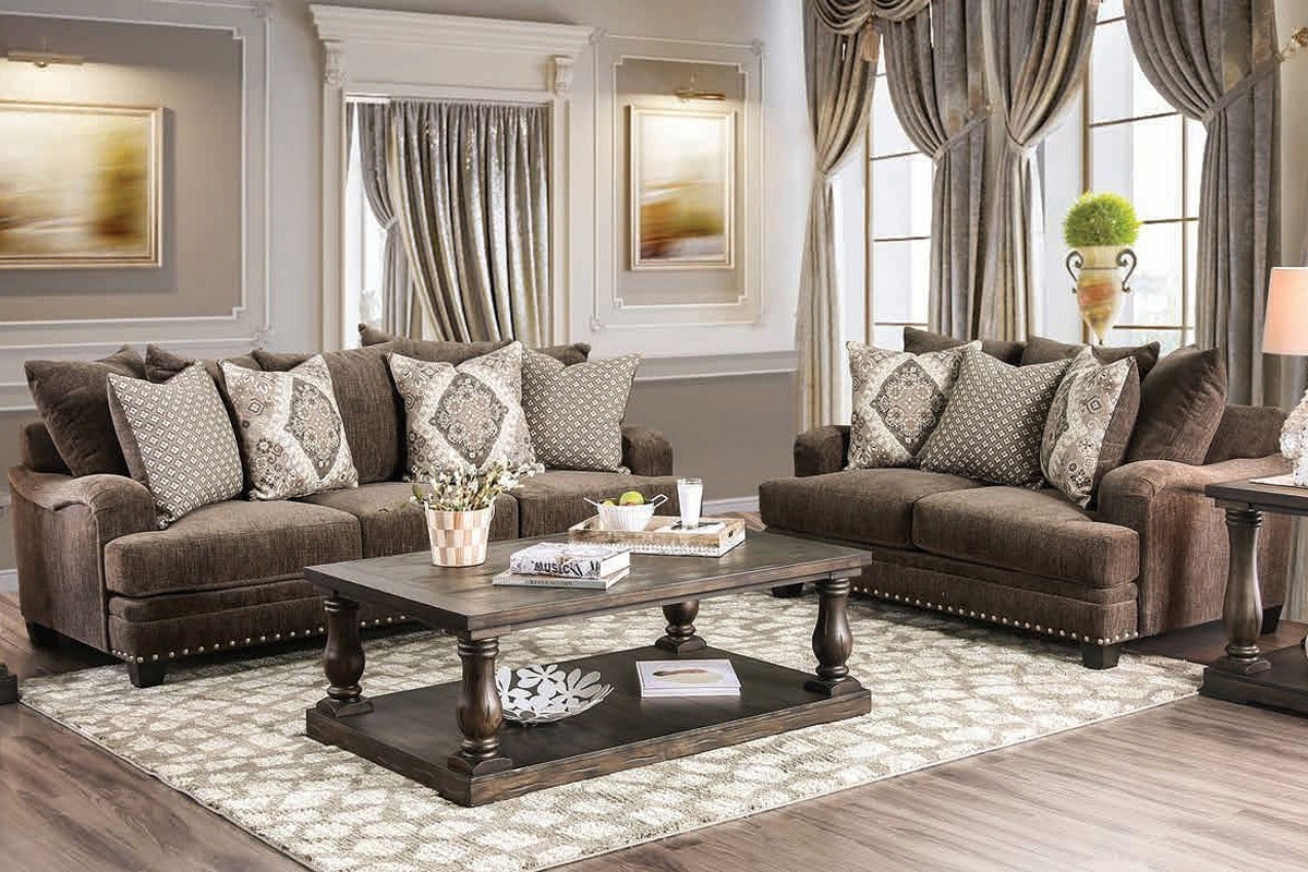 2 Pcs Set Sofa & Loveseat Pauline Transitional Dark Brown