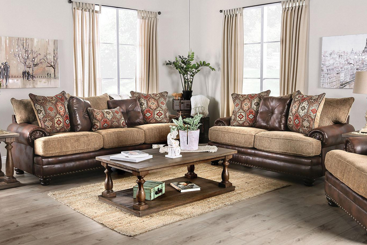 2 Pcs Set Sofa & Loveseat Fletcher Transitional Brown & Tan