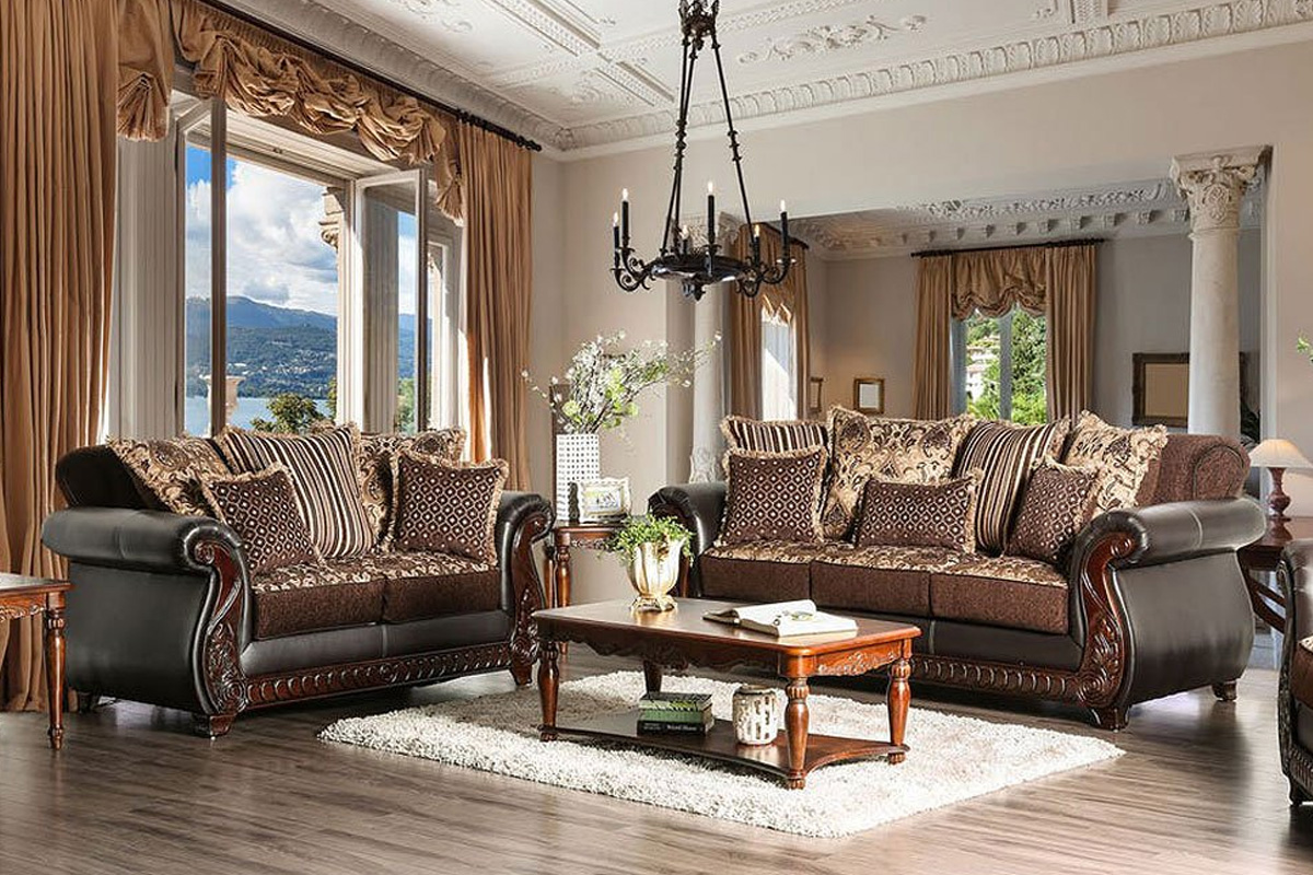 2 Pcs Set Sofa & Loveseat Franklin Traditional Dark Brown & Tan