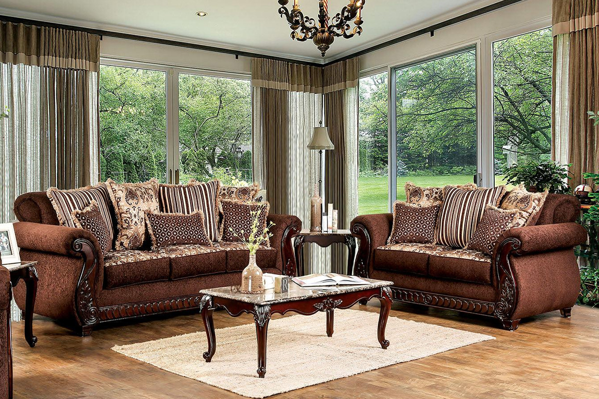 2 Pcs Set Sofa & Loveseat Tabitha Traditional Brown & Gold