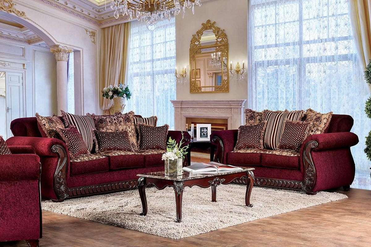 2 Pcs Set Sofa & Loveseat Tabitha Traditional Wine & Gold