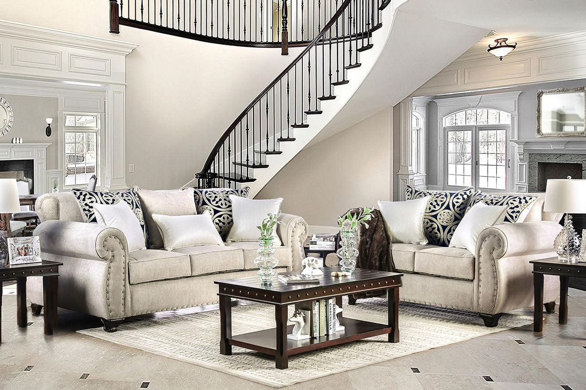 2 Pcs Set Sofa & Loveseat Sinatra Transitional Light Mocha & Champagne