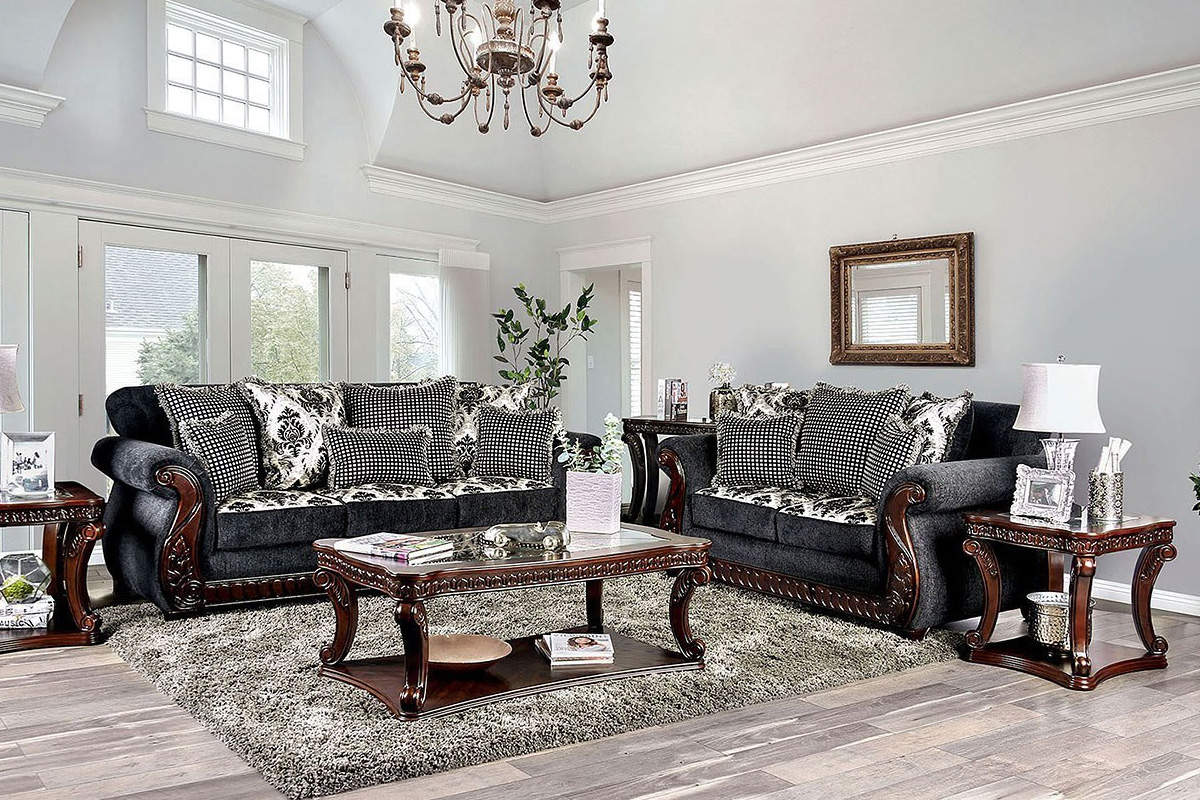2 Pcs Set Sofa & Loveseat Whitland Traditional Dark Grey