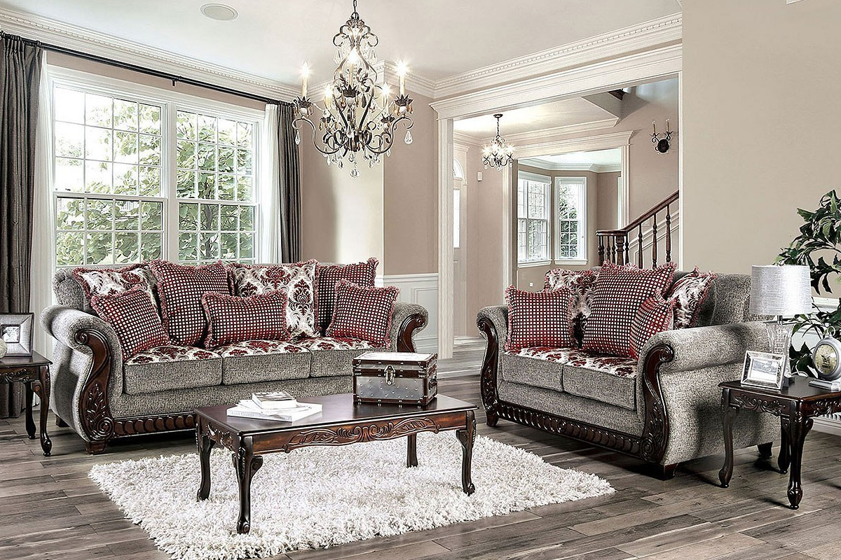 2 Pcs Set Sofa & Loveseat Whitland Traditional Light Grey & Red