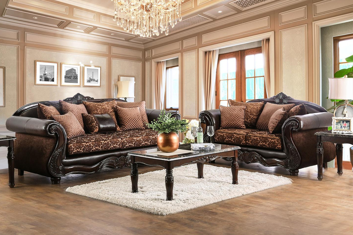 2 Pcs Set Sofa & Loveseat Elpis Traditional Brown & Espresso