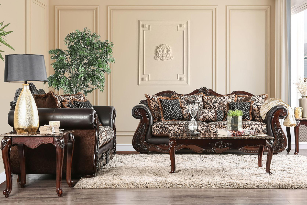 2 Pcs Set Sofa & Loveseat Jamael Traditional Brown & Espresso