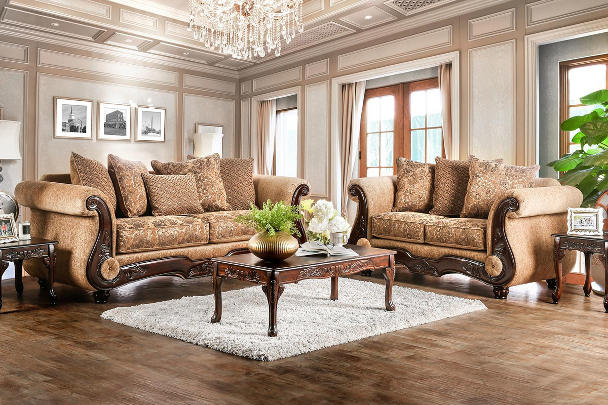 2 Pcs Set Sofa & Loveseat Nicanor Traditional Gold & Tan