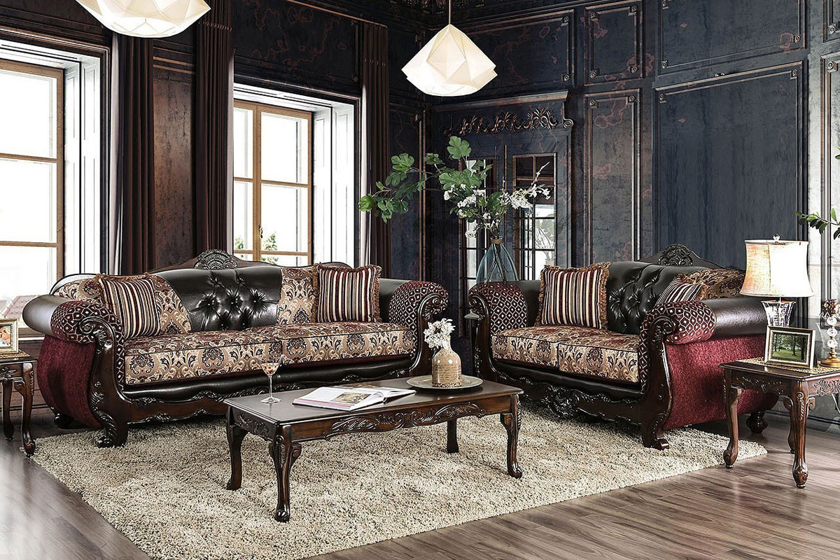2 Pcs Set Sofa & Loveseat Quirino Traditional Burgundy & Dark Brown