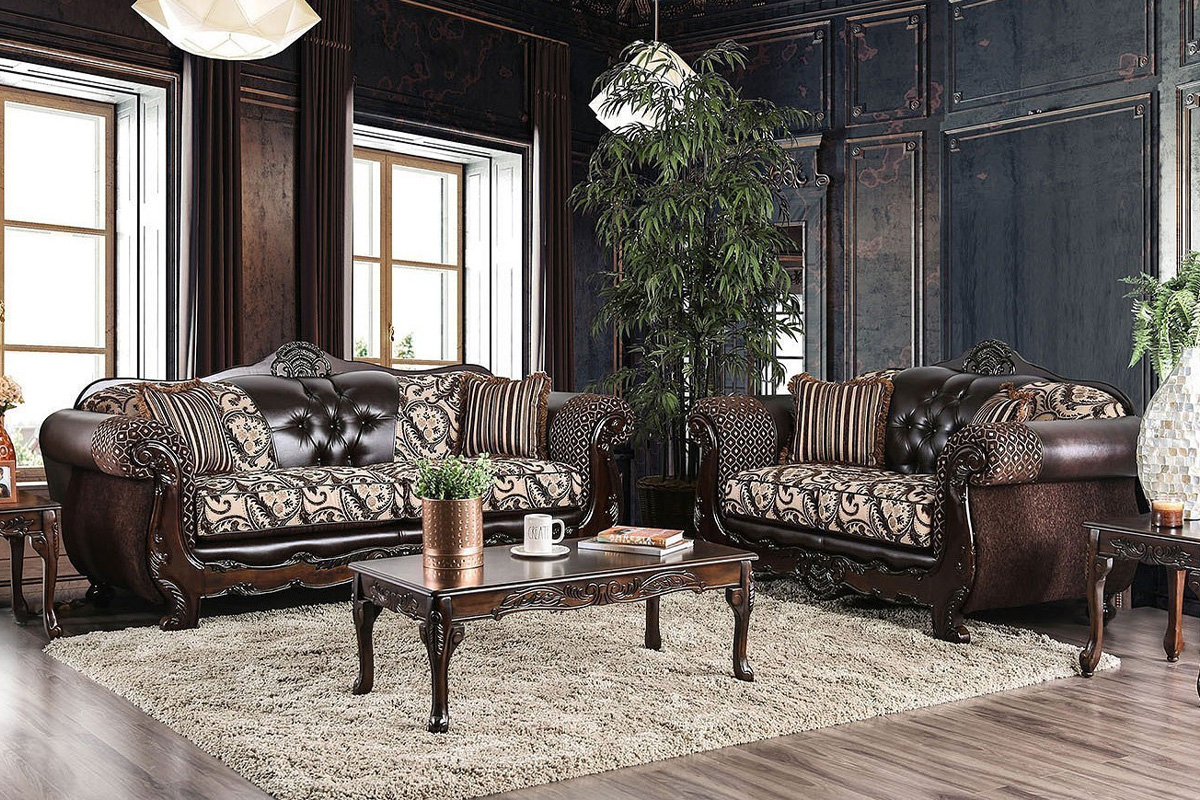 2 Pcs Set Sofa & Loveseat Quirino Traditional Light Brown & Dark Brown