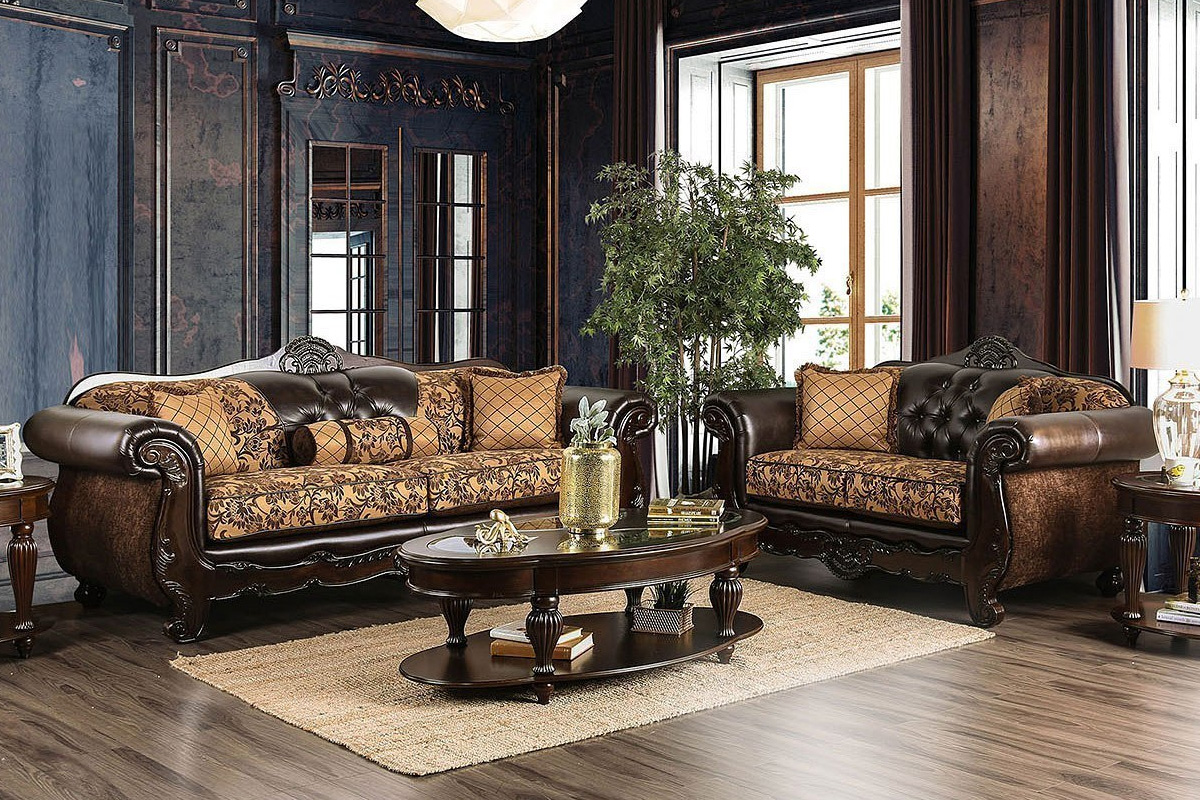 2 Pcs Set Sofa & Loveseat Quirino Traditional Tan & Dark Brown