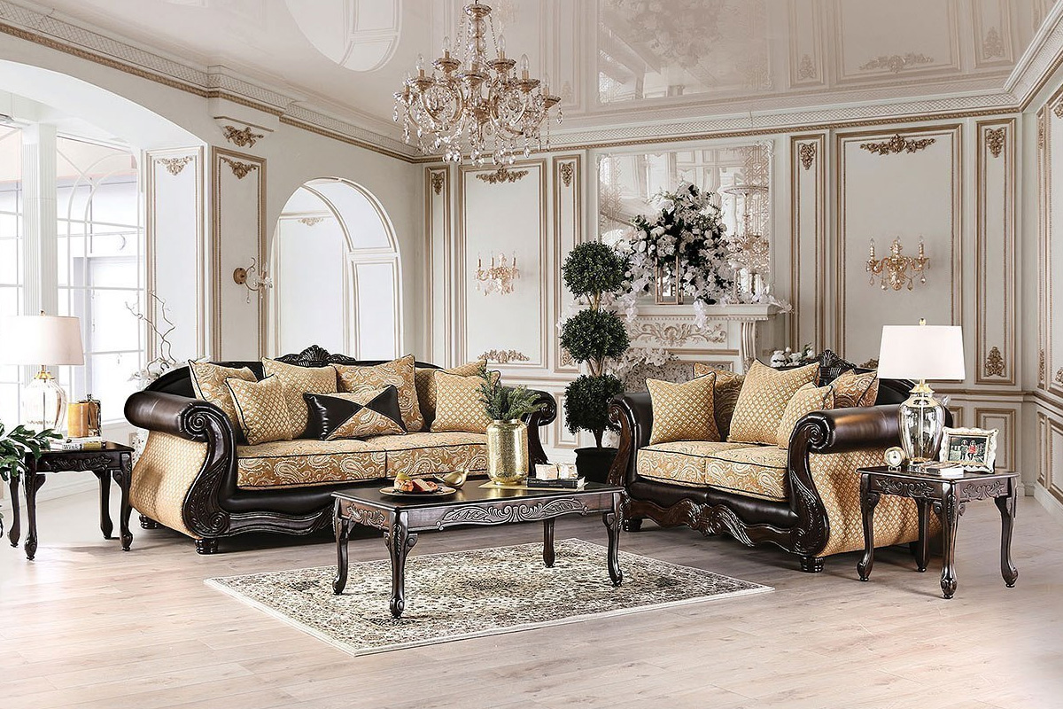2 Pcs Set Sofa & Loveseat Aislynn Traditional Gold & Espresso