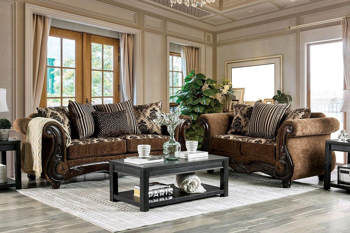 2 Pcs Set Sofa & Loveseat Tilde Traditional Brown & Dark Walnut