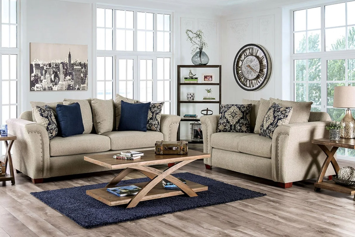 2 Pcs Set Sofa & Loveseat Belsize Transitional Beige & Navy