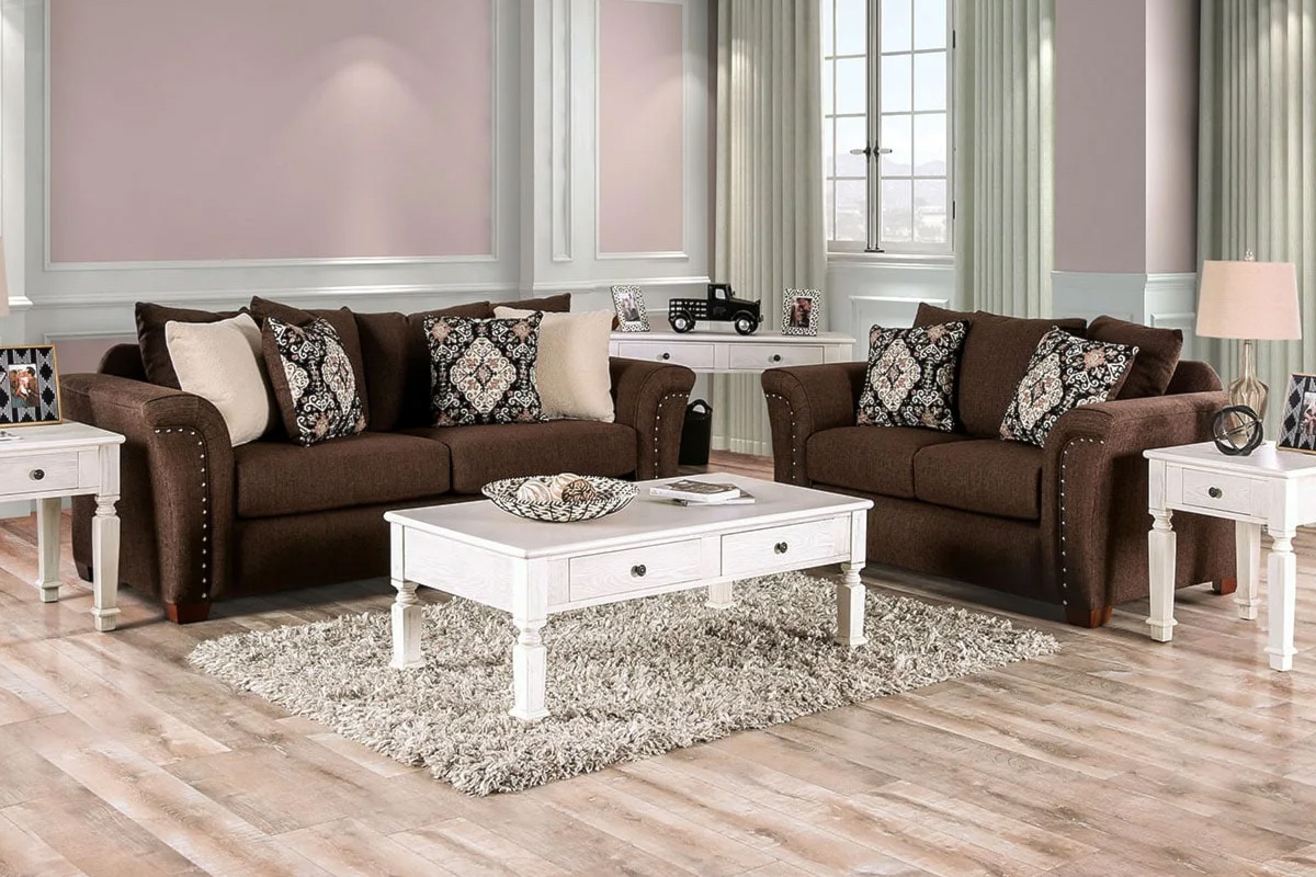 2 Pcs Set Sofa & Loveseat Belsize Transitional Chocolate & Tan