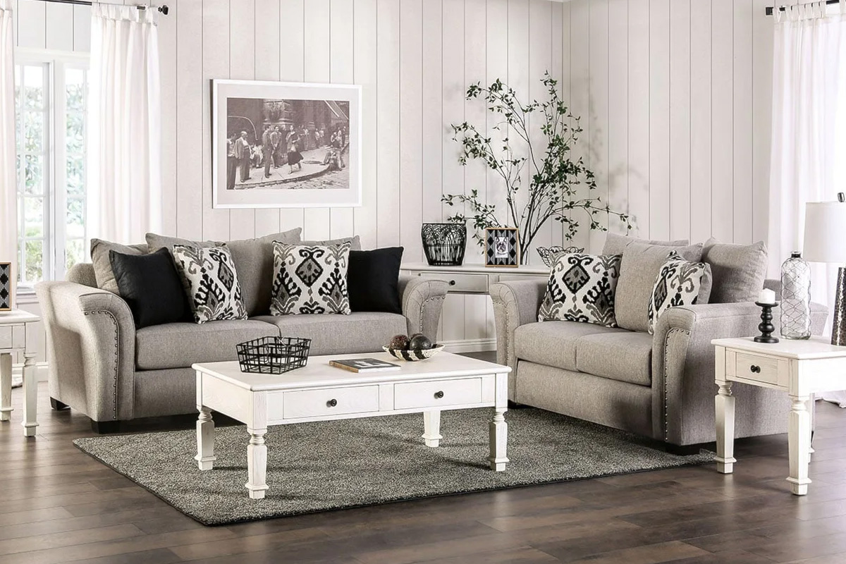 2 Pcs Set Sofa & Loveseat Belsize Transitional Light Taupe & Black