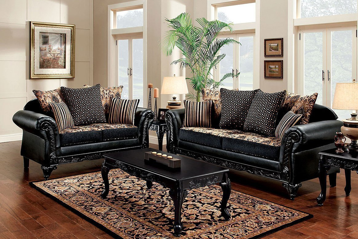 2 Pcs Set Sofa & Loveseat Theodora Traditional Black & Tan