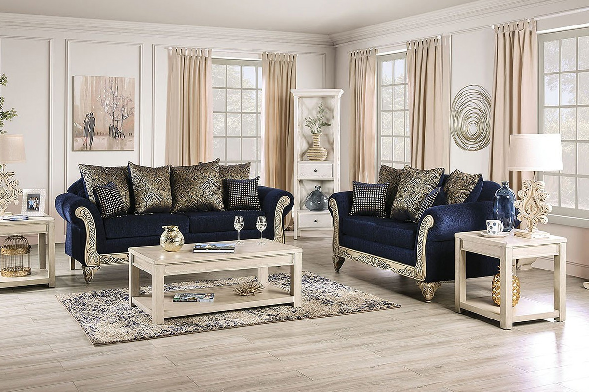 2 Pcs Set Sofa & Loveseat Marinella Traditional Royal Blue