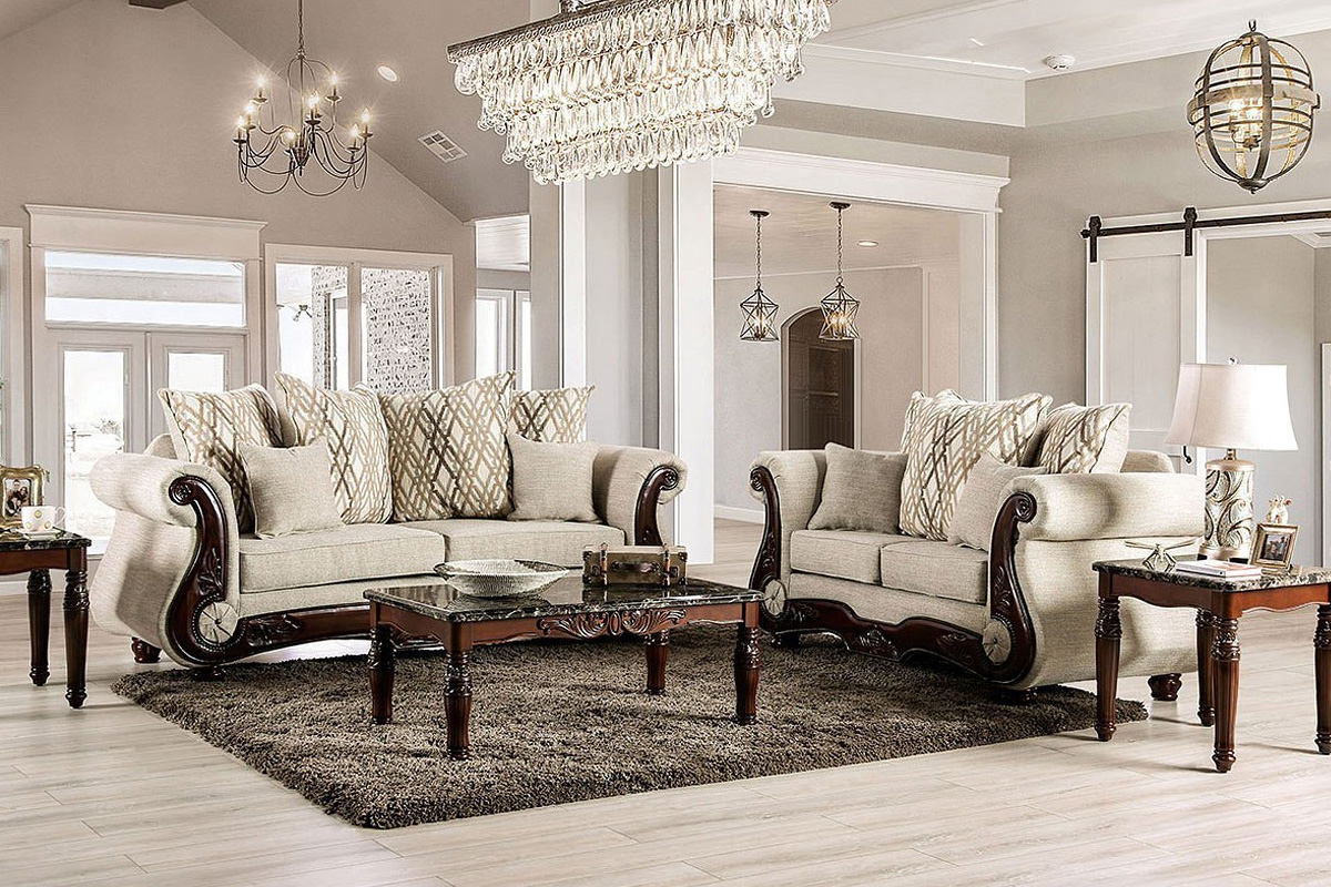 2 Pcs Set Sofa & Loveseat Giardino Traditional Walnut & Brown