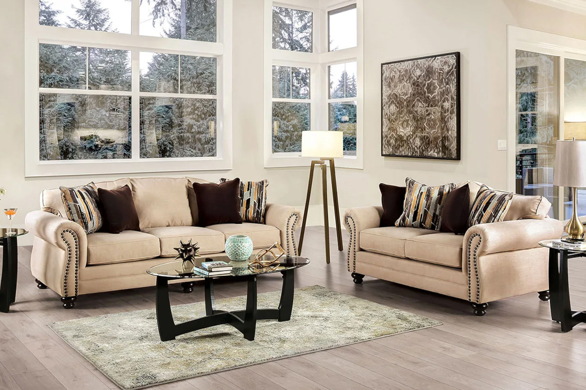2 Pcs Set Sofa & Loveseat Kailyn Transitional Sand & Brown