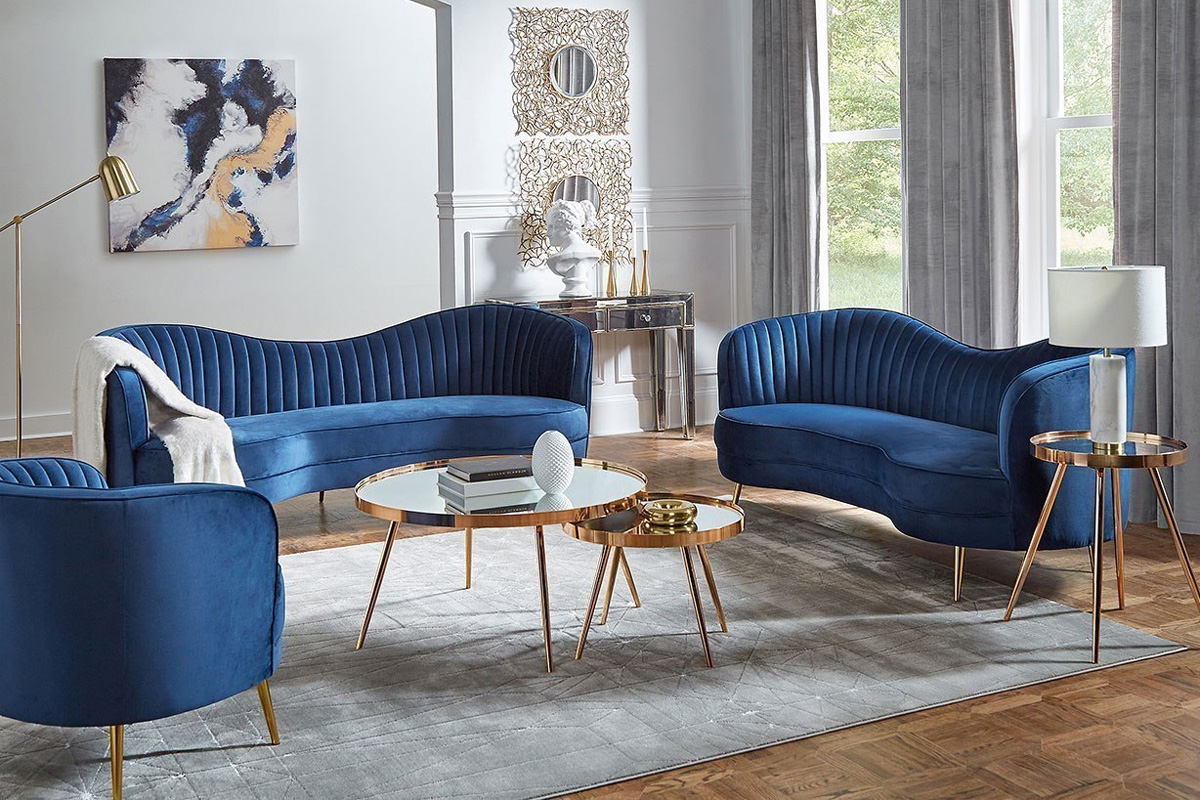 2 Pcs Set Sofa & Loveseat Sophia Contemporary Blue Velvet