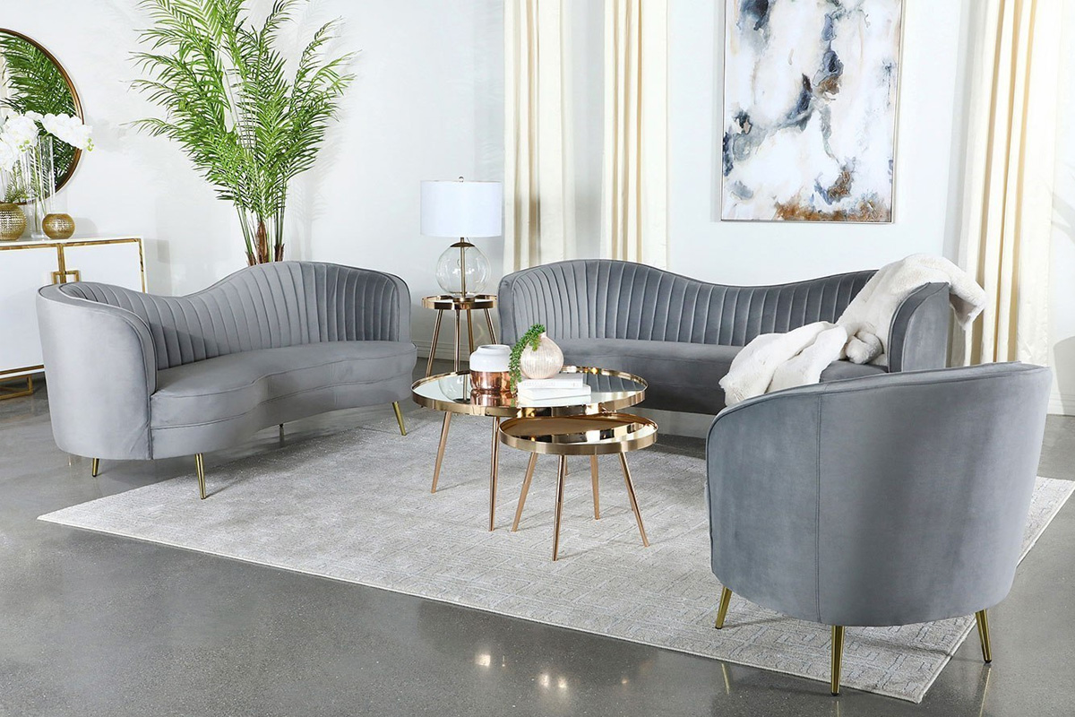 2 Pcs Set Sofa & Loveseat Sophia Contemporary Grey Velvet