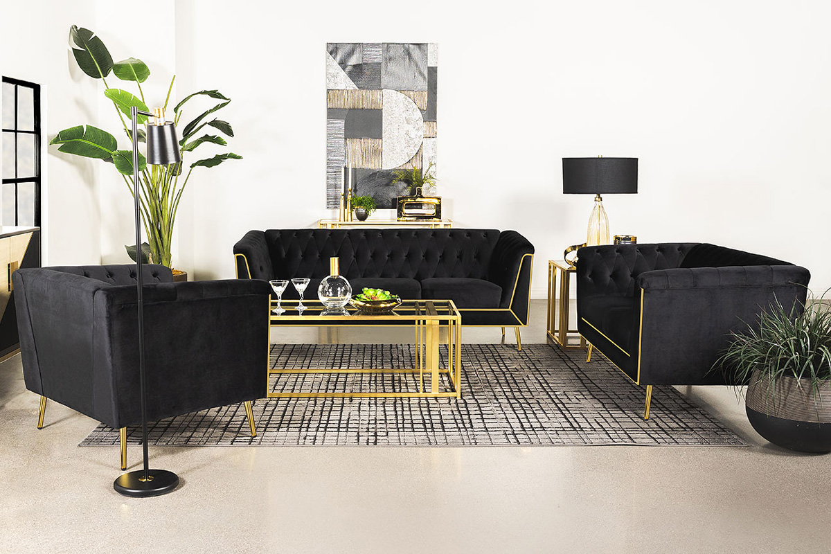 2 Pcs Set Sofa & Loveseat Holly Black Tuxedo Arm Tufted Back