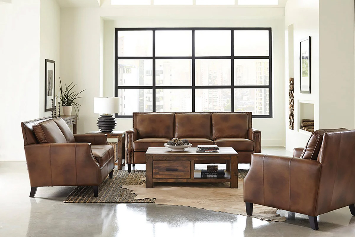 2 Pcs Set Sofa & Loveseat Leaton 100% Brown Leather