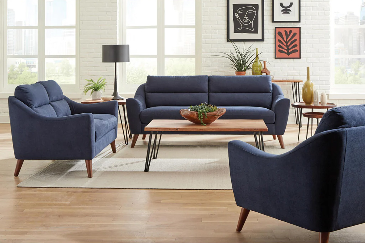 2 Pcs Set Sofa & Loveseat Gano Sloped Arm Navy Blue
