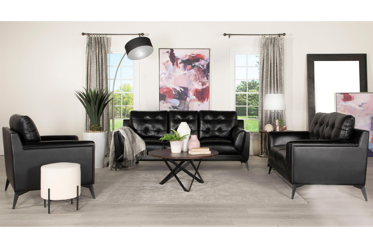 2 Pcs Set Sofa & Loveseat Moira Contemporary Black Leatherette