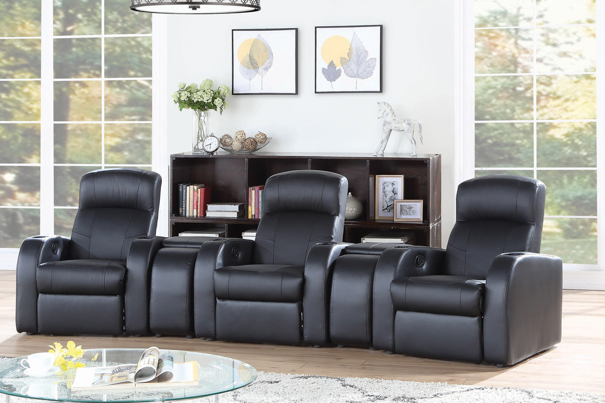 3 Recliners Cyrus Home Theater Modern Black Top Grain Leather