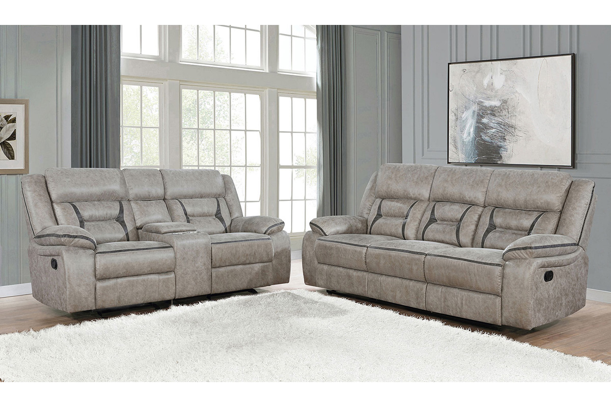 Greer Motion Sofa & Loveseat Set Transitional Taupe Leatherette