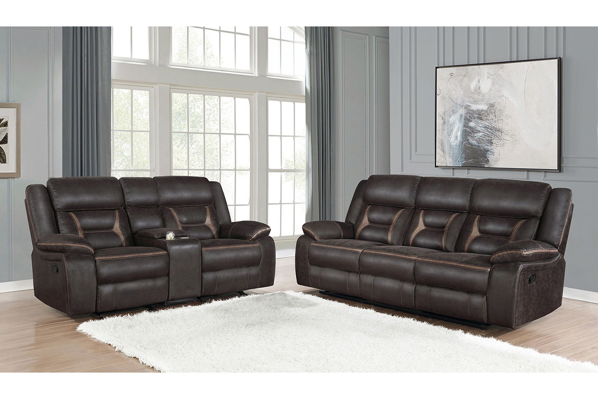 Greer Motion Sofa & Loveseat Set Transitional Dark Brown Leatherette