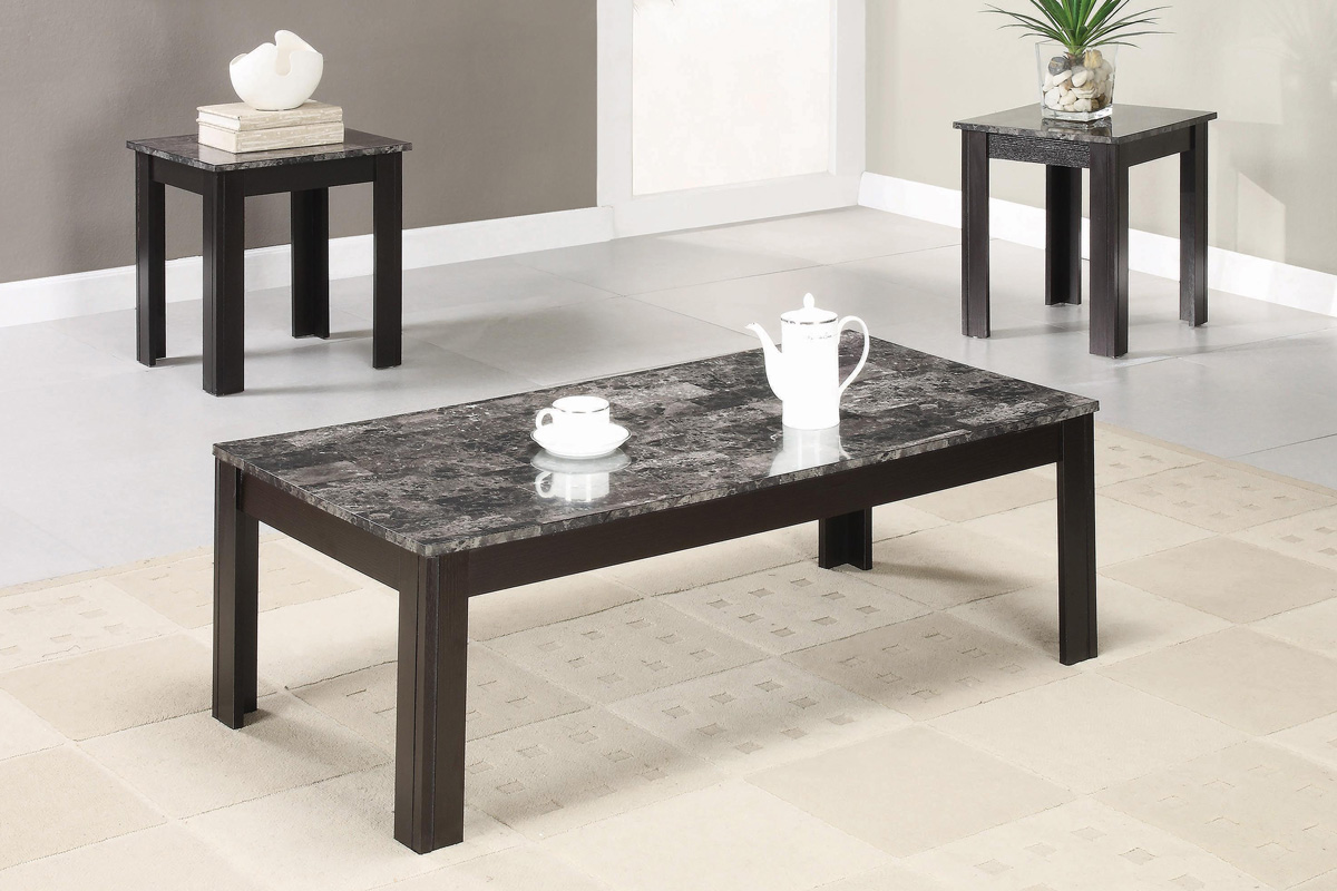 3 Pcs Rhodes Faux Marble Top Occasional Coffee Table Set Black
