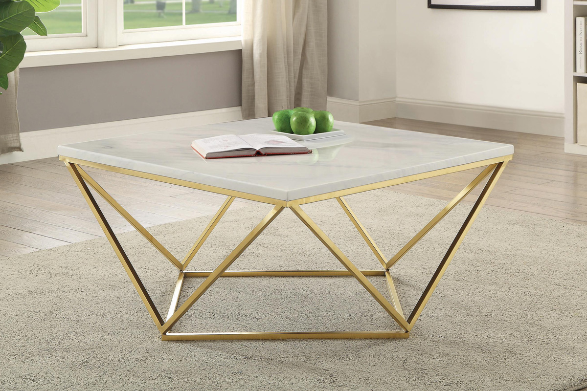 Meryl Square Modern Brass & White Faux Carrera Marble Coffee Table