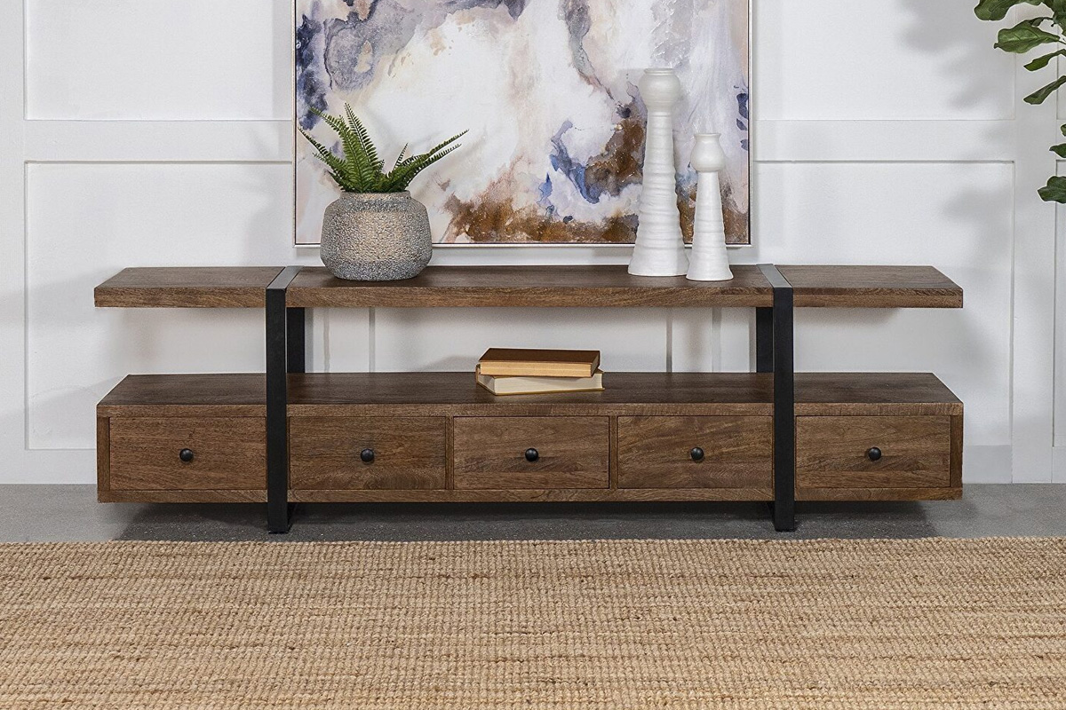 Otto 4-Drawer Solid Wood 70″ TV Stand Brown And Gunmetal