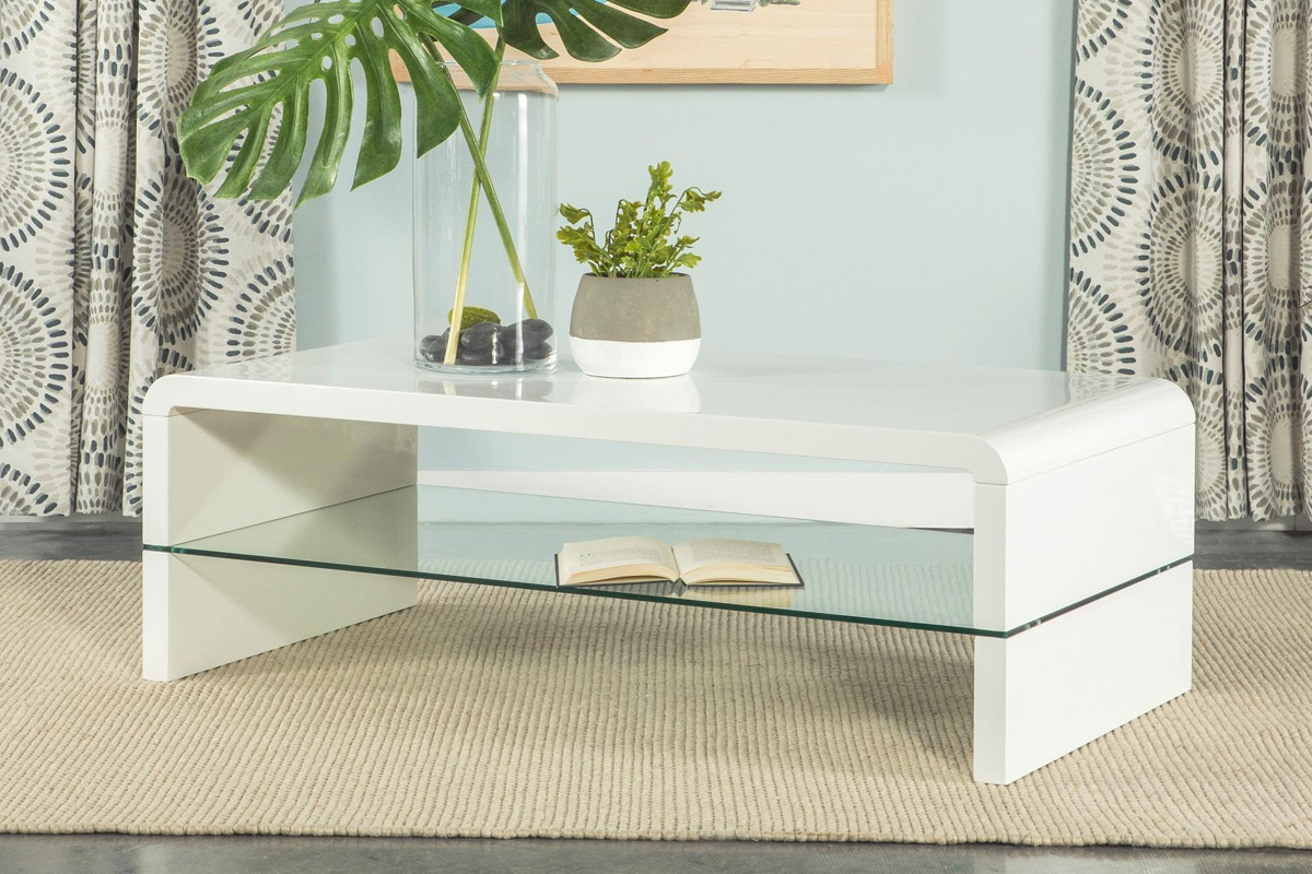 Airell Rectangular Coffee Table With Glass Shelf White High Gloss