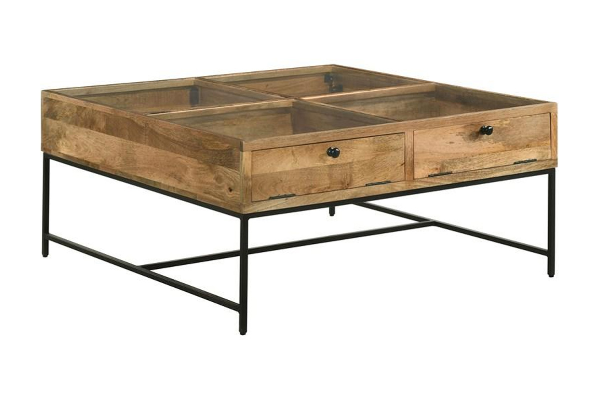 Stephie 4-Drawer Square Clear Glass Top Coffee Table Honey Brown