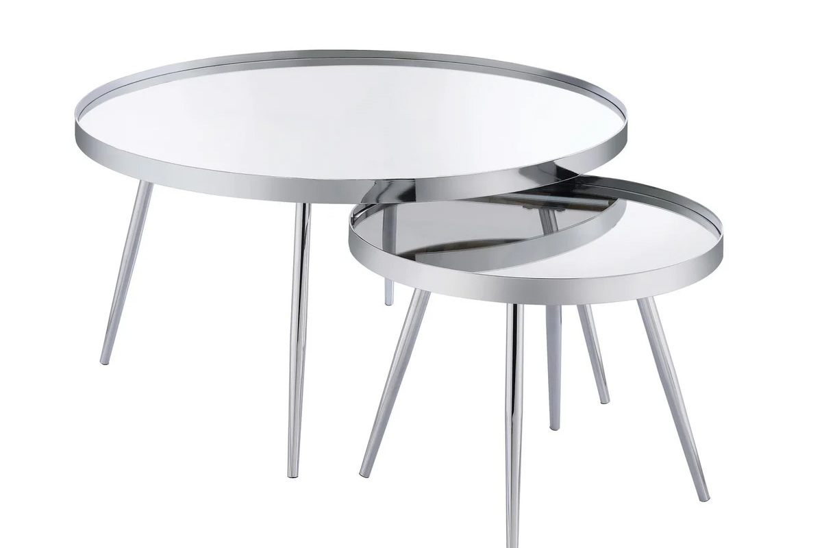2 Pcs Set Kaelyn Round Mirror Top Nesting Coffee Table Chrome