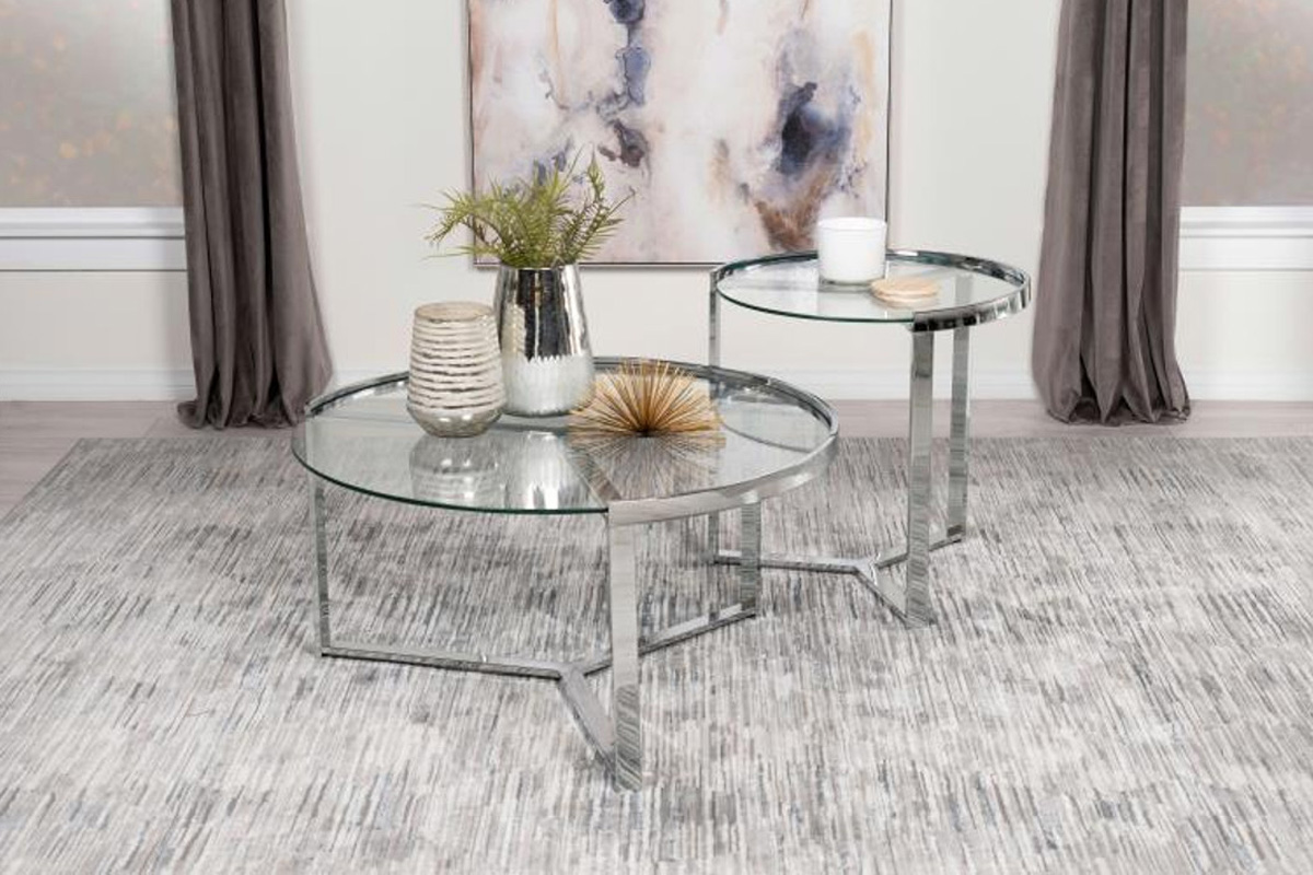 2 Pcs Delia Round Glass Top Nesting Coffee Table Clear And Chrome