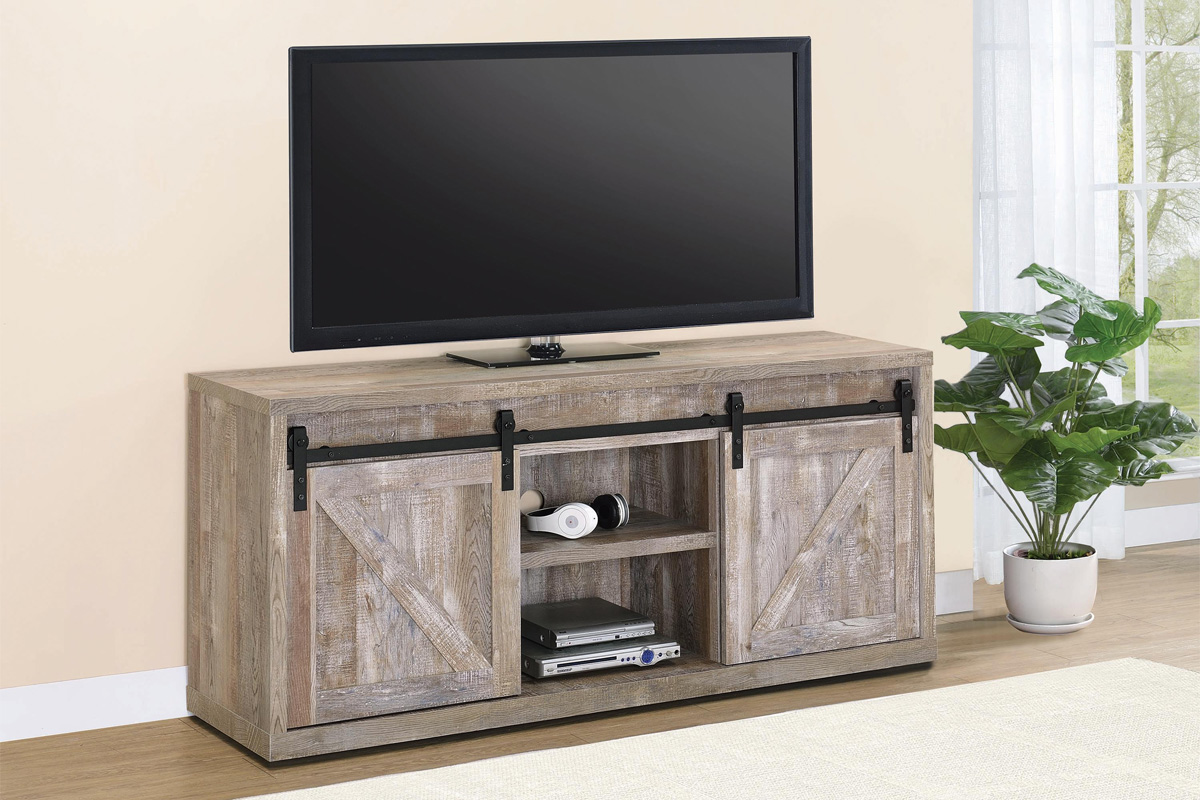 Brockton 59-Inch 3-Shelf Sliding Doors TV Console Weathered Oak