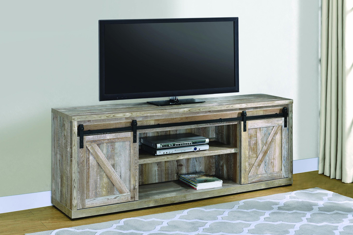 Brockton 71-Inch 3-Shelf Sliding Doors TV Console Weathered Oak
